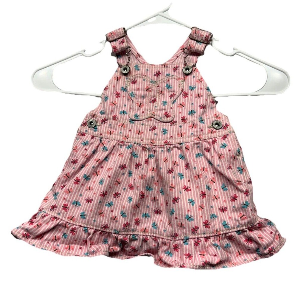 Vtg Oshkosh B'gosh Vestbak PInk Denim striped Overall dress Butterflies 9 MOS